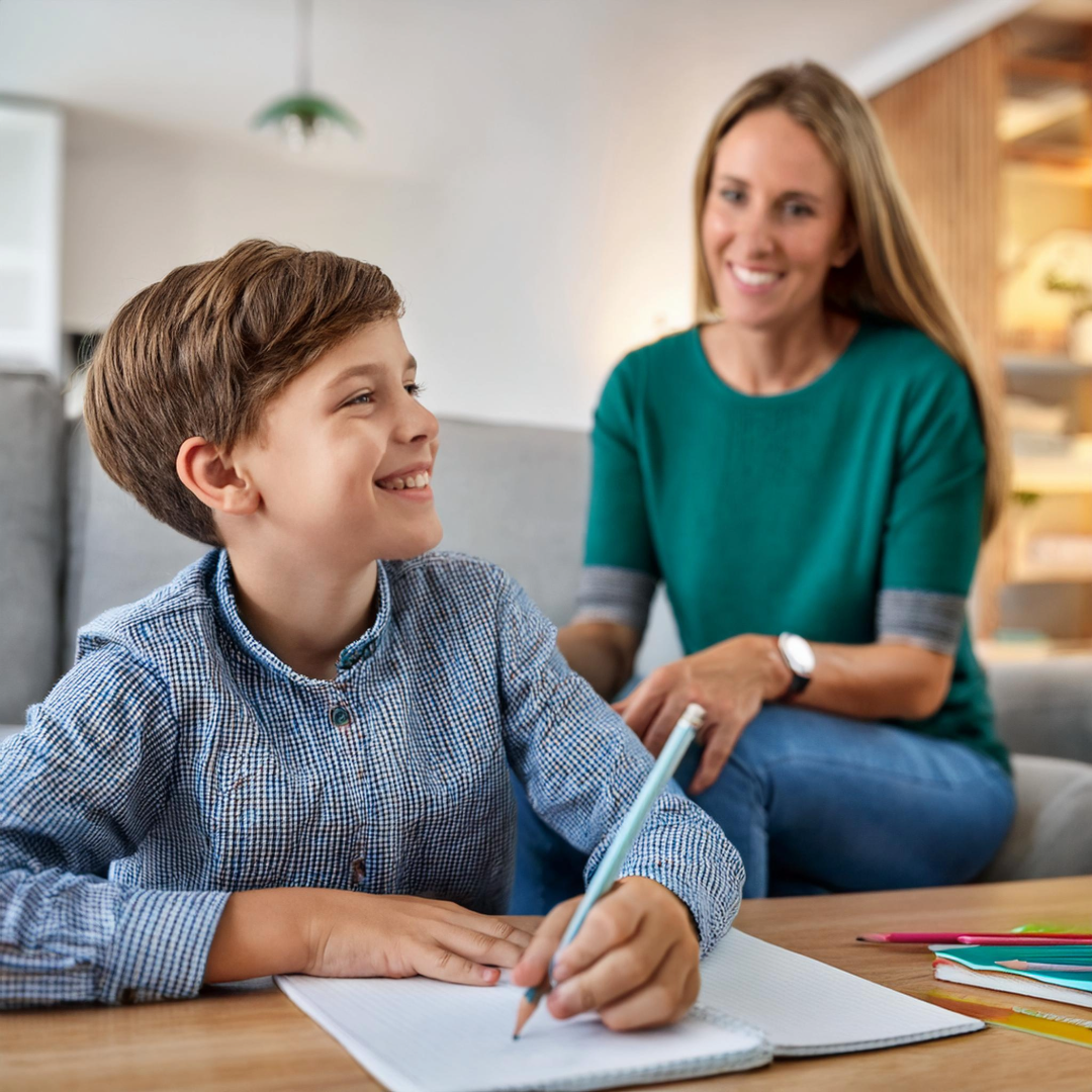 The boy's mom is helping him with the homeschool lesson The boy's mom is helping him with the homeschool lesson