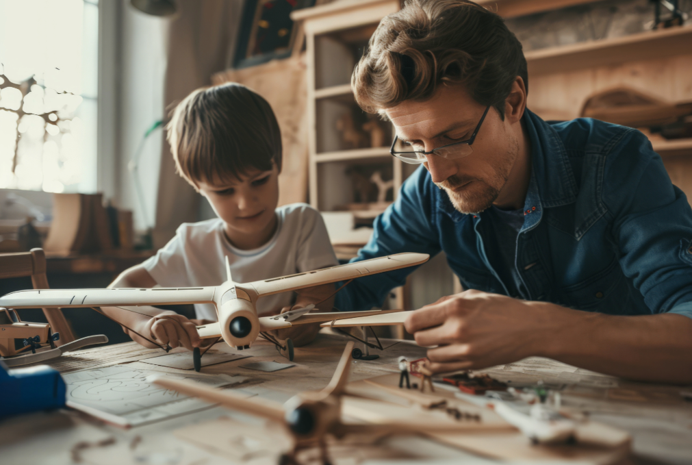 The boy is making a wooden plane with his father, and the father is guiding him to build the plane.